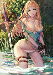 Rule 34 | 1girl, bad anatomy, bad id, bad pixiv id, bare shoulders, black gloves, blonde hair, blue eyes, blue shirt, braid, breasts, cleavage, collarbone, crown braid, fingerless gloves, forest, gloves, grass, holster, kneeling, large breasts, light smile, lily pad, long hair, looking at viewer, nature, navel, nintendo, no pants, off-shoulder shirt, off shoulder, outdoors, panties, plant, planted, planted sword, planted weapon, pointy ears, princess zelda, river, shei99, shirt, shore, solo, sword, the legend of zelda, the legend of zelda: breath of the wild, thigh holster, thighhighs, underwear, water, weapon, wet, wet clothes, white panties, white thighhighs, wringing clothes