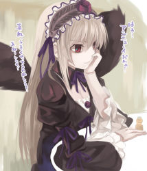 Rule 34 | 00s, 1girl, doll joints, dress, joints, kabocha, kabocha (monkey4), long hair, pale skin, red eyes, rozen maiden, solo, suigintou, table, thinking, translated, wings, yakult