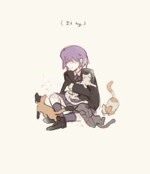 Rule 34 | 1girl, animal, asagiri minori, black footwear, cat, closed mouth, commentary, english commentary, english text, highres, holding, holding animal, holding cat, long sleeves, mob psycho 100, mp100days, purple hair, shoes, short hair, simple background, sitting, skirt, smile, socks, solo, white background