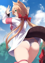 Rule 34 | animal ear fluff, animal ears, ass, blonde hair, bow, cat ears, character request, clothes lift, copyright request, dragon tail, from behind, green eyes, hair bow, long hair, looking back, outdoors, panties, shirt, shirt lift, solo, tail, tail bow, tail ornament, twintails, underwear, yoshikawa hideaki