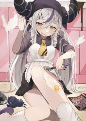 Rule 34 | 1girl, absurdres, apron, bandana, black nails, blush, braid, brown eyes, crow (la+ darknesss), fang, fried egg, grey hair, hair between eyes, hair ornament, hairclip, highres, holding, holding whisk, hololive, horns, kneehighs, la+ darknesss, long hair, looking at viewer, multicolored hair, necktie, nemuta muu, open mouth, pointy ears, purple hair, sitting, slippers, socks, solo, streaked hair, tears, twintails, two-tone hair, very long hair, virtual youtuber, whisk, white socks