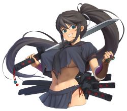 Rule 34 | 1girl, :d, absurdres, arm guards, bad id, bad pixiv id, black hair, black sailor collar, black skirt, blush, breasts, crop top, crop top overhang, cropped legs, eyebrows hidden by hair, green eyes, grin, high ponytail, highres, holding, holding sword, holding weapon, homura (senran kagura), large breasts, long hair, looking at viewer, miniskirt, navel, no bra, open mouth, over shoulder, panties, parted lips, pleated skirt, red panties, sailor collar, scemonkey, senran kagura, sheath, sheathed, short sleeves, side-tie panties, sidelocks, simple background, skirt, smile, solo, stomach, sword, teeth, underboob, underwear, very long hair, weapon, weapon on back, weapon over shoulder, white background