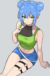Rule 34 | 1girl, bare arms, bird, black shirt, blue hair, blue shorts, borrowed character, breasts, cleavage, closed mouth, cloud, commentary, double bun, double exposure, english commentary, green eyes, green tank top, grey background, hair bun, hibonite art, highres, invisible chair, looking at viewer, midriff, o-ring, o-ring thigh strap, original, shirt, shorts, simple background, sitting, smile, solo, symbol-shaped pupils, tank top, thigh strap