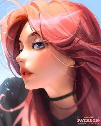 Rule 34 | 1girl, black choker, black shirt, blue background, blue eyes, blush, choker, commentary, english commentary, highres, long hair, looking at viewer, lotus bubble, original, parted lips, portrait, red hair, red lips, shirt, solo, watermark, web address