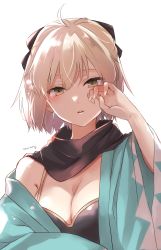 Rule 34 | 1girl, absurdres, ahoge, artist name, black scarf, blonde hair, bow, breasts, cleavage, fate/grand order, fate (series), hair between eyes, hair bow, haori, highres, japanese clothes, looking at viewer, medium breasts, off shoulder, okita souji (fate), parted lips, raymie0124, rubbing eyes, scarf, short hair, sleepy, upper body, white background, yellow eyes