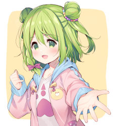 Rule 34 | 1girl, :d, beige background, blush, bow, braid, collarbone, commentary request, double bun, drawstring, green eyes, green hair, hair between eyes, hair bow, hair bun, highres, hood, hood down, hooded jacket, jacket, long sleeves, meito (maze), morinaka kazaki, nijisanji, open clothes, open jacket, open mouth, outstretched arm, pink bow, pink jacket, shirt, side braid, single braid, sleeves past wrists, smile, solo, two-tone background, upper body, virtual youtuber, white background, white shirt