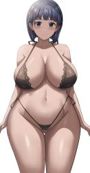 Rule 34 | 1girl, absurdres, arms at sides, bikini, black bikini, black hair, black panties, blue eyes, blunt bangs, blush, bra, breasts, cleavage, closed mouth, collarbone, commentary request, curvy, gluteal fold, hair ornament, hairclip, highleg, highleg bikini, highres, huge breasts, jasony, kirigaya suguha, large breasts, lingerie, looking at viewer, micro bikini, navel, panties, plump, shiny skin, simple background, smile, solo, standing, stomach, swimsuit, sword art online, thigh gap, underwear, white background, wide hips