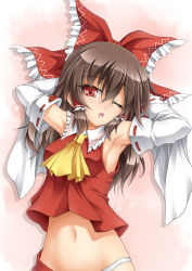 Rule 34 | 1girl, armpits, arms up, ascot, blush, bow, brown hair, detached sleeves, hair bow, hair tubes, hakurei reimu, long hair, looking at viewer, navel, one eye closed, open mouth, panties, red eyes, roura, solo, touhou, underwear, white panties, wink