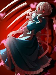 Rule 34 | 1girl, apron, ayaca4869, blue dress, closed mouth, dress, frilled dress, frills, highres, kagerou project, kozakura marry, long sleeves, looking at viewer, red eyes, scales, shadow, short hair with long locks, skirt hold, slit pupils, smile, solo, white apron, white hair, wings