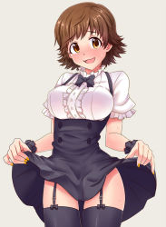 Rule 34 | 10s, 1girl, alternate costume, black thighhighs, blush, breasts, brown eyes, brown hair, clothes lift, frilled sleeves, frills, garter straps, high-waist skirt, honda mio, idolmaster, idolmaster cinderella girls, large breasts, lifted by self, looking at viewer, matching hair/eyes, meme attire, open mouth, shirt, short hair, short sleeves, simple background, skirt, skirt hold, skirt lift, smile, solo, suspender skirt, suspenders, thighhighs, underbust, virgin killer outfit, yasuhito