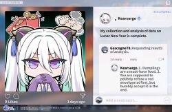 2girls aqua_hair azur_lane chibi coin commentary copyright_name dress dumpling english_commentary english_text food gascogne_(azur_lane) gendou_pose gloves grey_hair hair_between_eyes hair_intakes hair_ornament hands_clasped hands_up highres interlocked_fingers kearsarge_(azur_lane) kearsarge_(springtime_monitoring)_(azur_lane) looking_at_viewer multicolored_hair multiple_girls nejikirio no_nose official_art own_hands_clasped own_hands_together purple_eyes purple_gloves tassel twintails two-tone_hair v-shaped_eyebrows