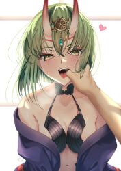 Rule 34 | 1girl, 1other, absurdres, alternate hair length, alternate hairstyle, aroused, bare shoulders, blush, bob cut, breasts, breath, budgiepon, c.c., cleavage, code geass, collarbone, commentary request, cosplay, drooling, eyelashes, eyeshadow, fang, fate/grand order, fate (series), finger in another&#039;s mouth, green hair, heart, heart-shaped pupils, highres, horns, looking at viewer, makeup, medium breasts, mouth drool, navel, open mouth, short hair, shuten douji (fate), shuten douji (fate) (cosplay), simple background, skin-covered horns, solo focus, straight-on, straight hair, symbol-shaped pupils, teeth, tongue, tongue out, upper body, upper teeth only, white background, yellow eyes