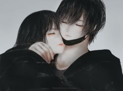 Rule 34 | 1boy, 1girl, aoi ogata, artist name, black hair, black jacket, closed eyes, closed mouth, commentary, couple, grey background, hair between eyes, highres, hood, hood down, hooded jacket, hug, jacket, long sleeves, mask, mask pull, mouth mask, original, parted lips, red lips, revision, simple background, surgical mask, upper body