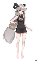 Rule 34 | 1girl, absurdres, animal ears, barefoot, black dress, breasts, brown eyes, china dress, chinese clothes, cleavage, cleavage cutout, clothing cutout, dress, ellu, full body, goat ears, goat horns, grey hair, grin, highres, horns, legs, long hair, low-tied long hair, original, short dress, sleeveless, sleeveless dress, slit pupils, smile, solo, thighs, very long hair