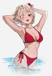 Rule 34 | 1girl, ;d, absurdres, armpits, arms up, bikini, blonde hair, breasts, cowboy shot, highres, large breasts, lycoris recoil, navel, nishikigi chisato, one eye closed, open mouth, red bikini, red eyes, short hair, smile, solo, sooon, stomach, swimsuit, wading, water