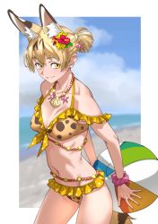 Rule 34 | 1girl, absurdres, adapted costume, animal ear fluff, animal ears, ball, beach, beachball, bead necklace, beads, bikini, blonde hair, blue sky, breasts, cloud, commentary, cowboy shot, day, frilled bikini, frills, hair ornament, highres, jewelry, kemono friends, looking at viewer, medium breasts, navel, necklace, outdoors, print bikini, scrunchie, serval (kemono friends), serval print, shell, shell necklace, short hair, sky, smile, solo, stomach, swimsuit, tail, tanabe (fueisei), wrist scrunchie, yellow eyes