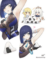 Rule 34 | 3girls, ark john up, arm up, armpits, black gloves, blonde hair, blue dress, blue hair, blush stickers, breasts, cleavage, cropped torso, dice, dress, flower, food, genshin impact, gloves, green eyes, hair flower, hair ornament, half-closed eyes, halo, highres, large breasts, looking at viewer, lumine (genshin impact), mole, mole on breast, multiple girls, onigiri, paimon (genshin impact), plate, rice, short hair, simple background, sleeveless, sleeveless dress, smile, sweat, white background, white hair, yelan (genshin impact), yellow eyes