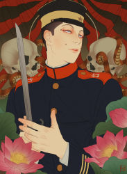 Rule 34 | 1boy, black hat, blue eyes, flower, golden kamuy, hat, highres, lotus, male focus, military, military hat, military uniform, mole, mole above mouth, parted lips, reman kamuy, skull, snake, solo, sword, uniform, usami tokishige, weapon, yellow hat