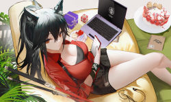 Rule 34 | 1girl, animal ears, arknights, birthday cake, black hair, breasts, cake, cellphone, cleavage, closed mouth, computer, couch, earphones, food, from above, gift, hair between eyes, highres, holding, holding phone, laptop, large breasts, long hair, notebook, official alternate costume, omone hokoma agm, phone, plate, ponytail, pubic hair, red eyes, red shirt, shirt, shorts, sitting, smartphone, solo, sword, texas (arknights), texas (willpower) (arknights), thighs, weapon, wolf ears, wolf girl