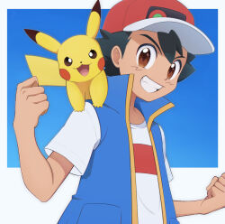 Rule 34 | 1boy, ash ketchum, baseball cap, black hair, blue background, blue jacket, brown eyes, clenched hands, commentary request, creatures (company), game freak, gen 1 pokemon, grin, hat, jacket, kouzuki (reshika213), looking at viewer, male focus, nintendo, on shoulder, open clothes, open jacket, pikachu, pokemon, pokemon (anime), pokemon (creature), pokemon journeys, pokemon on shoulder, popped collar, red headwear, shirt, short hair, short sleeves, sleeveless, sleeveless jacket, smile, t-shirt, teeth, upper body, w arms, white shirt