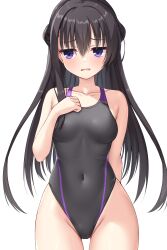 Rule 34 | 1girl, absurdres, bare arms, bare shoulders, black hair, black one-piece swimsuit, blush, breasts, collarbone, commentary request, competition swimsuit, covered navel, cowboy shot, groin, hair between eyes, hand on own chest, highleg, highleg swimsuit, highres, long hair, medium breasts, ncontrail (mgax7527), nijouin hazuki, one-piece swimsuit, open mouth, purple eyes, riddle joker, simple background, solo, swimsuit, white background
