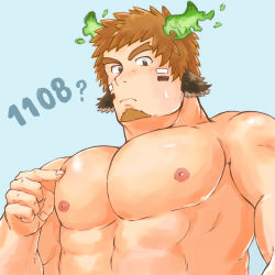 Rule 34 | 1boy, abs, absurdres, animal ears, bara, blush, brown hair, cow boy, cow ears, cow horns, facial hair, fiery horns, forked eyebrows, glowing horns, goatee, highres, horns, large pectorals, looking at viewer, male focus, muscular, muscular male, nipples, nude, pectoral focus, pectoral press, pectorals, pointing, pointing at self, short hair, solo, spiked hair, tatatan (ts kon2), thick eyebrows, tokyo houkago summoners, upper body, wakan tanka