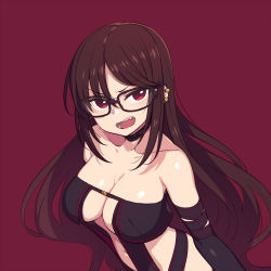 Rule 34 | 1girl, bare shoulders, black dress, black gloves, breasts, brown hair, chan co, choker, cleavage, collarbone, yu mei-ren (fate), dress, earrings, elbow gloves, fangs, fate/grand order, fate (series), from above, glasses, gloves, hair between eyes, highres, jewelry, large breasts, long hair, looking at viewer, multiple earrings, navel, open mouth, red background, red eyes, revealing clothes, ribbon trim, sidelocks, simple background, solo, strapless, strapless dress, v-shaped eyebrows, very long hair
