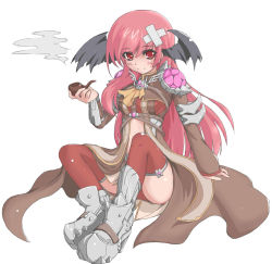 Rule 34 | 1girl, armored boots, black wings, blush, boots, breasts, brown coat, closed mouth, coat, commentary request, crossed bandaids, full body, head wings, holding, holding smoking pipe, long hair, long sleeves, looking at viewer, medium breasts, official alternate costume, pink hair, prototype design, ragnarok online, red eyes, red thighhighs, rune knight (ragnarok online), shimotsuki nozomi, simple background, sitting, smile, smoke, smoking pipe, solo, split mouth, thighhighs, vambraces, white background, wings