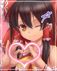 Rule 34 | 1girl, ascot, bare shoulders, bow, brown eyes, brown hair, detached sleeves, dress, framed, hair bow, hair tubes, hakurei reimu, heart, heart hands, highres, looking at viewer, one eye closed, red dress, smile, solo, touhou, tsukigami chronica, upper body, wink