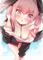 Rule 34 | 1girl, blue archive, blush, bra, breasts, cloud, collarbone, commentary request, hat, hato haru, head wings, highres, koharu (blue archive), looking at viewer, open mouth, pink hair, reaching, reaching towards viewer, school uniform, sky, small breasts, solo, sweatdrop, underwear, winged hat, wings