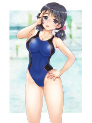 Rule 34 | 1girl, black eyes, black hair, blue one-piece swimsuit, breasts, cleavage, collarbone, commentary request, competition swimsuit, cowboy shot, hand on own hip, head tilt, highleg, highleg swimsuit, highres, large breasts, looking at viewer, low twintails, mashinatsu, medium hair, one-piece swimsuit, open mouth, original, solo, standing, swimsuit, twintails
