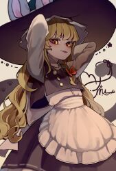 Rule 34 | 1girl, :p, animal print, apron, arms behind head, arms up, artist name, black hat, black skirt, black vest, blonde hair, bow, braid, cat print, cat tail, commentary request, cowboy shot, hat, hat bow, highres, kirisame marisa, long hair, long sleeves, looking at viewer, niru 05, red bow, red eyes, shirt, single braid, skirt, smile, solo, tail, tongue, tongue out, touhou, unfinished dream of all living ghost, very long hair, vest, waist apron, white bow, white shirt