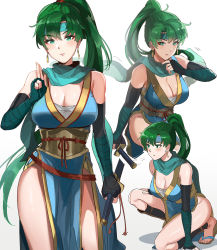 Rule 34 | 1girl, bandaged arm, bandages, bare shoulders, blue kimono, blue scarf, breasts, cleavage, closed mouth, earrings, elbow gloves, fingerless gloves, fingers together, fire emblem, fire emblem: the blazing blade, fire emblem heroes, gloves, green eyes, green hair, headband, high ponytail, highres, holding, holding sword, holding weapon, japanese clothes, jewelry, kimono, large breasts, long hair, looking at viewer, lyn (fire emblem), ninja, ninpo, nintendo, obi, obijime, ormille, pelvic curtain, reverse grip, sarashi, sash, scarf, shin guards, sleeveless, sleeveless kimono, slippers, squatting, standing, sword, thighs, weapon