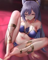 Rule 34 | 1boy, 1girl, anklet, bare shoulders, barefoot, blush, braid, breasts, censored, closed eyes, closed mouth, cone hair bun, detached sleeves, double bun, feet, footjob, genshin impact, ginhaha, hair bun, hair ornament, hetero, highres, jewelry, keqing (genshin impact), long hair, medium breasts, mosaic censoring, penis, purple hair, sitting, solo focus, thighlet, twintails, two-footed footjob, underwear