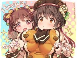 Rule 34 | 2girls, :d, artist name, black headwear, blush, bow, grabbing another&#039;s breast, breasts, brown eyes, brown hair, commentary request, dated, double bun, earrings, grabbing, hair between eyes, hair bow, hair bun, hat, heart, idolmaster, idolmaster cinderella girls, jewelry, large breasts, long hair, multiple girls, munakata atsumi, oikawa shizuku, open mouth, polka dot, polka dot bow, red eyes, shigatake, short hair, smile, striped, striped bow, translation request, upper body, wrist cuffs