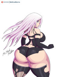 Rule 34 | 1girl, android, ass, bare shoulders, blue eyes, breasts, curvy, elbow gloves, from behind, gloves, highres, huge ass, large breasts, long hair, looking at viewer, looking back, mrstudmuffin, nier (series), nier:automata, shiny clothes, shiny skin, short shorts, shorts, sideboob, silver hair, solo, thick thighs, thighhighs, thighs, very long hair, wide hips, a2 (nier:automata)
