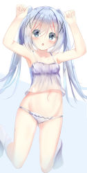 Rule 34 | 1girl, arms up, bad id, bad pixiv id, bare arms, bare shoulders, blue background, blue hair, blush, camisole, commentary request, gluteal fold, gochuumon wa usagi desu ka?, grey eyes, groin, hair between eyes, hair ornament, highres, kafuu chino, kneehighs, kneeling, natuna natu, navel, no shoes, panties, purple camisole, purple panties, sidelocks, socks, solo, twintails, two-tone background, underwear, underwear only, white background, white socks, x hair ornament
