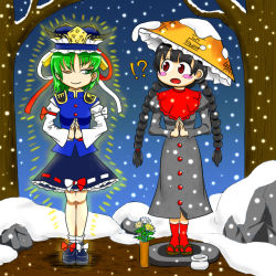 Rule 34 | !?, 2girls, ajirogasa, black dress, black footwear, black hair, blue hat, blush stickers, bow, braid, brown hat, commentary request, cup, dress, flower, glowing, gradient background, green eyes, green hair, hat, juliet sleeves, kaneshiro, long sleeves, looking at another, multiple girls, no nose, one eye closed, own hands together, puffy sleeves, red bow, red eyes, red legwear, red ribbon, ribbon, rock, sandals, shiki eiki, shoes, short hair, smile, snowing, standing, touhou, trait connection, tree, twin braids, vase, white bow, white flower, white legwear, white ribbon, yatadera narumi, yellow flower