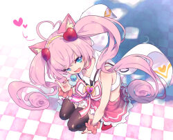 Rule 34 | 1girl, :d, animal ears, black thighhighs, blue eyes, blush, breasts, brooch, candy, cat ears, checkered floor, choker, chupa chups, cleavage cutout, clothing cutout, commentary request, crop top, fang, food, frilled skirt, frills, from above, hair ornament, hamayumiba sou, heart, heart brooch, heart hair ornament, holding, holding candy, holding food, holding lollipop, jewelry, lollipop, long hair, looking at viewer, medium breasts, miniskirt, neck ribbon, open mouth, over-kneehighs, pink choker, pink hair, pink ribbon, pink scrunchie, pink skirt, red footwear, ribbon, rosia (show by rock!!), sailor collar, scrunchie, shadow, shirt, show by rock!!, skin fang, skirt, sleeveless, sleeveless shirt, smile, solo, squatting, thighhighs, twintails, v-shaped eyebrows, white sailor collar, wrist scrunchie