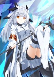 Rule 34 | 1girl, arknights, armband, black shorts, breasts, coat, commentary request, dress, feather hair, head wings, highres, holding, holding staff, hood, hooded coat, knees up, long hair, looking at viewer, medium breasts, open clothes, open coat, orange eyes, partial commentary, ptilopsis (arknights), ptilopsis (elite ii) (arknights), rhine lab logo, short dress, short shorts, shorts, silver hair, solo, staff, thighhighs, white coat, white dress, white thighhighs, wings, yuki-san (wdtm yuki)