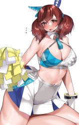 Rule 34 | 1girl, absurdres, animal ears, bare shoulders, blue archive, breasts, brown eyes, brown hair, cleavage, commentary request, cosplay, crop top, hibiki (blue archive), highres, horse ears, kshimu, large breasts, looking at viewer, midriff, miniskirt, navel, nice nature (umamusume), open mouth, pleated skirt, pom pom (cheerleading), short hair, simple background, skirt, small head, solo, stomach, thick thighs, thighs, twintails, umamusume, white background, white skirt