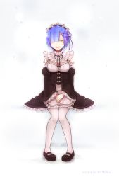 Rule 34 | 10s, 1girl, apron, bare shoulders, black footwear, blue eyes, blue hair, breasts, dated, detached collar, detached sleeves, closed eyes, frilled sleeves, frills, hair ornament, hair over one eye, hair ribbon, hands on lap, highres, long sleeves, maid, maid headdress, mary janes, medium breasts, open mouth, puffy detached sleeves, puffy sleeves, re:zero kara hajimeru isekai seikatsu, red ribbon, rem (re:zero), ribbon, ribbon trim, shoes, short hair, sitting, smile, solo, thighhighs, tuzai yu, underbust, waist apron, white apron, white thighhighs, x hair ornament