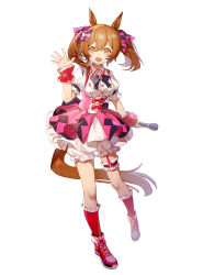 Rule 34 | 1girl, animal ears, bloomers, bow, bowtie, bridal garter, brown hair, center frills, dress, frills, full body, hair bow, high tops, highres, holding, holding microphone, horse ears, horse girl, horse tail, kneehighs, medium hair, microphone, open mouth, puffy short sleeves, puffy sleeves, shoes, short sleeves, simple background, skirt, smart falcon (umamusume), smile, sneakers, socks, solo, suspender skirt, suspenders, tail, twintails, umamusume, underwear, waving, white background, white dress, wrist cuffs, wufaxianshi cnd, yellow eyes
