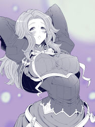 Rule 34 | 1girl, aoyama akira, arched back, arms behind head, belt, blush, bow, breasts, covered erect nipples, dress, florence (granblue fantasy), granblue fantasy, greyscale, highres, large breasts, long hair, monochrome, solo