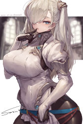 Rule 34 | 1girl, black bodysuit, blue eyes, blurry, blurry background, bodysuit, bodysuit under clothes, breasts, bridal gauntlets, covered navel, dated, dress, finger to mouth, hair over one eye, hand up, highres, large breasts, letterboxed, light blush, long hair, looking at viewer, original, outside border, parted lips, shrug (clothing), signature, solo, suzuno (bookshelf), twitter username, two side up, upper body, white dress, white hair