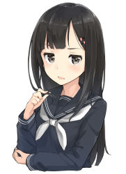 Rule 34 | 1girl, black eyes, black hair, black serafuku, blush, disapproving stare, frown, hair ornament, hairclip, long hair, looking at viewer, max melon, open mouth, original, playing with own hair, ruffling hair, school uniform, serafuku, simple background, solo, upper body, white background