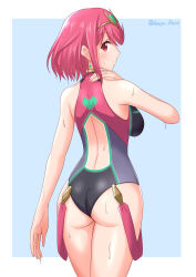 Rule 34 | 1girl, absurdres, ass, bare shoulders, black one-piece swimsuit, breasts, closed mouth, commentary, commentary request, competition swimsuit, earrings, frown, hand on back, headpiece, highres, jewelry, large breasts, looking at viewer, one-piece swimsuit, outside border, pyra (pro swimmer) (xenoblade), pyra (xenoblade), red eyes, red hair, red one-piece swimsuit, ryochan96154, short hair, solo, swimsuit, thighs, tiara, two-tone swimsuit, wet, xenoblade chronicles (series), xenoblade chronicles 2