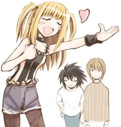 Rule 34 | 1girl, 2boys, amane misa, bags under eyes, black hair, blonde hair, blush, bracelet, brown hair, choker, closed eyes, collar, death note, heart, jewelry, l (death note), lowres, multiple boys, o o, open mouth, pantyhose, shueisha, thighhighs, two side up, yagami light