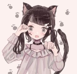 Rule 34 | 1girl, animal ears, black choker, black hair, black straps, cat day, cat ears, cat girl, cat tail, choker, dress, fang, fish hair ornament, fish skeleton, frilled dress, frills, grey dress, grey eyes, hair ornament, hand up, heart, limited palette, long sleeves, looking at viewer, medium hair, off-shoulder dress, off shoulder, open mouth, original, paw pose, paw print, simple background, skeleton hair ornament, skin fang, solo, straight-on, strap, supika, tail, twintails, upper body, white background