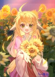 1girl :d ahoge animal_ears artist_name blonde_hair bow child chinese_clothes flower green_eyes hair_bow hanfu highres holding holding_flower huyao_xiao_hongniang long_hair long_sleeves looking_at_viewer low-tied_long_hair open_mouth outdoors signature smile solo sunflower tushan_susu very_long_hair watermark wide_sleeves yellow_flower yeye963831